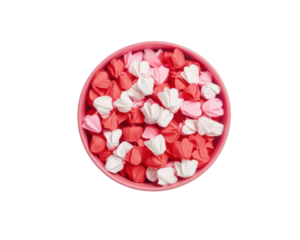 Colorful Heart-Shaped Candy Arrangement in Pink Bowl on Transparent Background