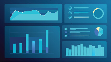 Obraz premium Illustration of a dashboard with various data visualizations and graphical representations shown in blue hues
