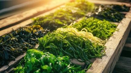 Variety of Vibrant Green Seaweed Strands Laid Out on a Wooden Tray in Natural Sunlight 