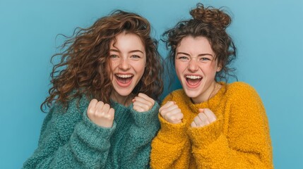Two women playfully wrestling on a light blue background, dynamic motion, joyful competition, clean aesthetic