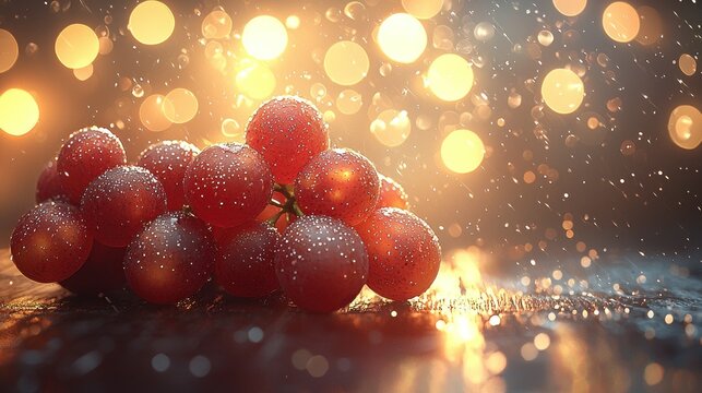 A cluster of red grapes, glistening with water droplets, rests on a dark surface. Warm, golden bokeh lights fill the background, creating a festive, celebratory atmosphere