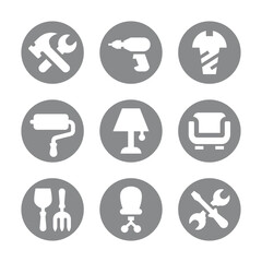 Home improvement, hardware store vector icon set. Repair shop, diy icons with paint roller, furniture and tools icons.