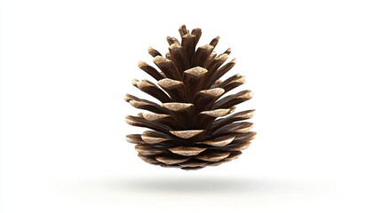 A single, dark-brown pine cone with light-brown edges, meticulously detailed, floats against a stark white backdrop, casting a subtle shadow below