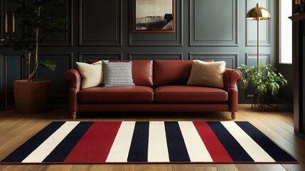 Vibrant Striped Rug Featuring Deep Navy, Creamy Ivory, and Rich Crimson Bands 