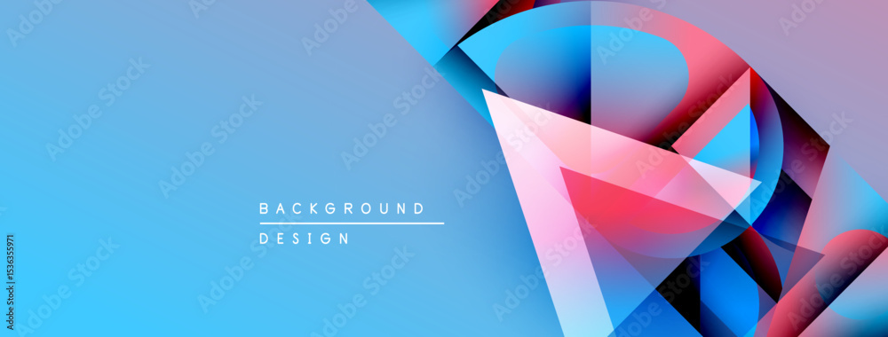 Poster abstract geometric shapes overlap, creating vibrant blue, pink, purple gradients. text reads backgro