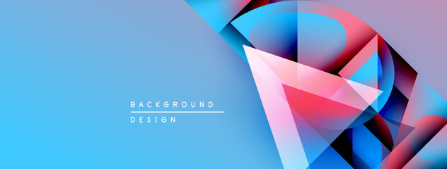 Abstract geometric shapes overlap, creating vibrant blue, pink, purple gradients. Text reads background design. Modern, dynamic visual composition.