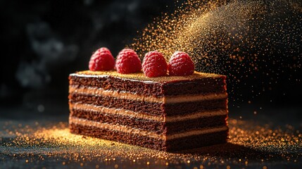A decadent chocolate cake slice, topped with raspberries, dusted with golden powder, against a dark background