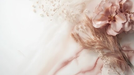 watercolor stain in ochre and dusty rose tones .