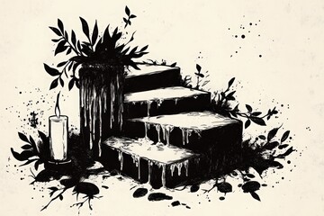 Whimsical Ink Illustration of a Dripping Stairway Beside a Flickering Candle and Scattered Foliage 