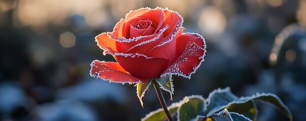 A vibrant red rose with frost-covered edges illuminated by the soft winter sun