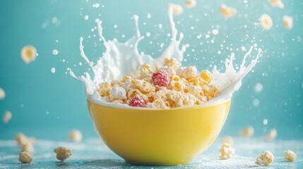 Yellow Bowl of Cereal with Milk Splash on Soft Aqua Blue Background