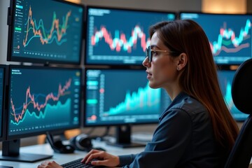 Young woman in stylish office surrounded by computer monitors displaying colorful financial analytics charts