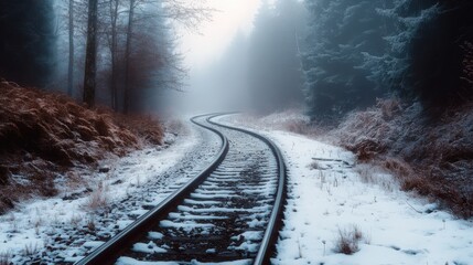 Winding Railroad Rails Fading Away Amidst a Fog-Shrouded Winter Forest