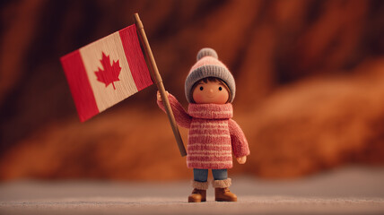 Cute little character holds Canada flag for Canada Day celebration