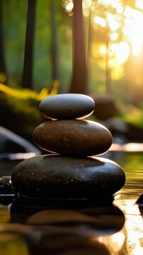 Zen stacked river stones balanced in water illuminated by golden sunlight in a serene forest setting evoking peace and harmony.