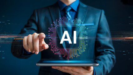 A businessman interacts with a futuristic AI interface displayed on a tablet showcasing advanced technology development and digital transformation in business.