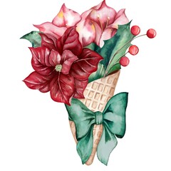 Watercolour isolated winter illustration with flowers
