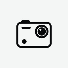 Simple black and white icon of an action camera in bold lines, featuring lens, display, and button. Perfect for tech, photography, or gadget-related designs.