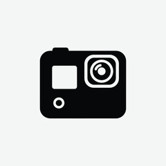 Simple black and white action camera icon with flat, modern style. Bold lines, rounded edges, lens and screen details on white background. Ideal for tech, media, and UI design.