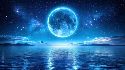 A full blue moon over a tranquil ocean at night