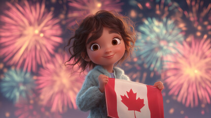 Brown-skinned 3D character holds maple flag by night-sky fireworks