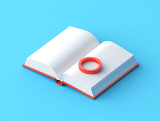 A vibrant, minimalistic image featuring an open book with a red spine and blank white pages, set against a light blue background.