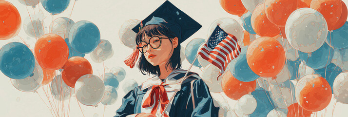 Chinese American student holds flags and smiles under patriotic balloons