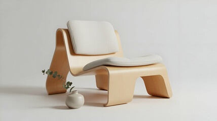 Minimalist Bent Wood Chair With Cushions And Small Plant On A White Background