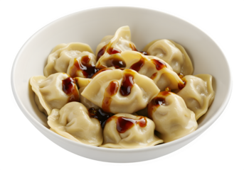 A bowl of dumplings with sauce isolated on white or transparent background. PNG