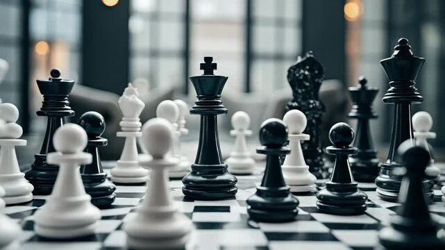 Chess pieces on a board with a modern background setting.