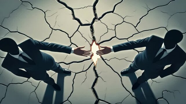 Business conflict concept, Two businessmen reaching across a cracked surface, symbolizing conflict or division.