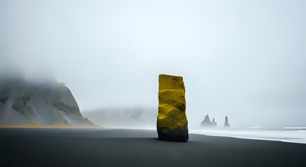 A yellow rock formation on a black sand beach with sea stacks in the background on an overcast day