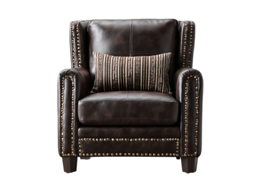 Dark brown leather accent chair with nailhead trim and striped pillow,On Transparent Background, Isolated on white