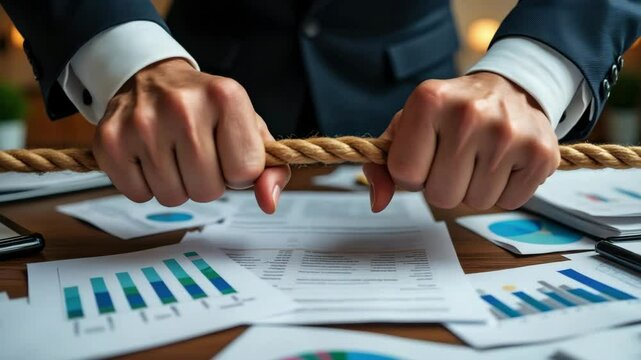 Business conflict concept, Tension in business as hands grip rope over financial documents.
