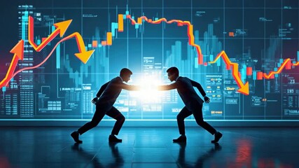 Business conflict concept, Two business professionals shaking hands with a digital graph backdrop. - Powered by Adobe