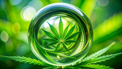 A cannabis leaf in a glass sphere, surrounded by lush green foliage with light bokeh effect
