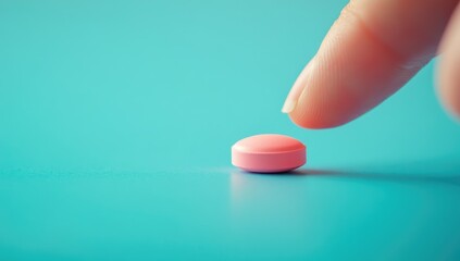 A pink, round tablet on the table, a finger touching it, a close-up of the fingers and the pill, macro photography, a blue background, a macro shot, a professional product photo.