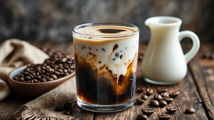 Making Iced Coffee Cream Drink with Roasted Beans on Rustic Table