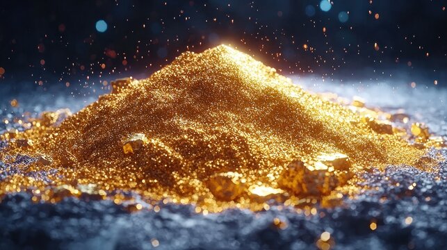A large mound of golden powder and nuggets sits atop a bed of glittering, silvery particles