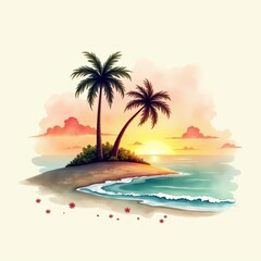 Obraz premium Vibrant Watercolor Island Scene A Peaceful Sunset Over Turquoise Waters and Sandy Shores