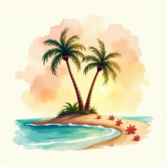 Naklejka premium Vibrant Watercolor Island Scene A Peaceful Sunset Over Turquoise Waters and Sandy Shores