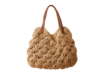 Tan crochet beach bag with brown leather handles summer fashion accessory,On Transparent Background, Isolated on white