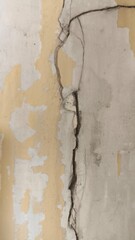 Cracked Vertical Line on Faded Beige Wall, Showcasing Texture, Age, and Degradation – Useful for...