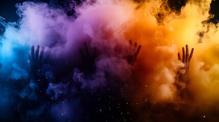 Party in Berghain-like atmosphere with people dancing through colorful smoke