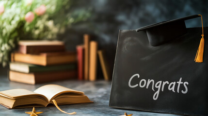 Congrats written on blackboard with graduation cap and books