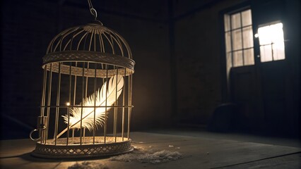Open Birdcage with Single Feather