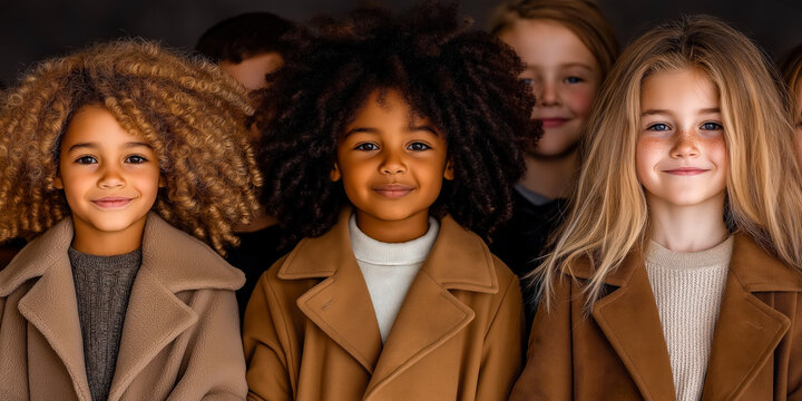 Smiling diverse children holding hands in warm lighting
