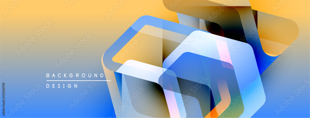 Poster abstract geometric shapes overlap, creating vibrant blue, orange gradient. modern design elements su