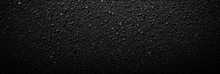Dark black textured surface with small glossy water droplets and grainy matte finish ideal for industrial, grunge or luxury background design concepts