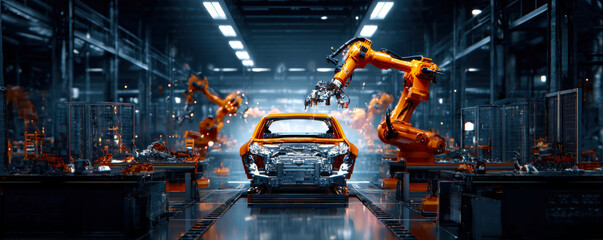 Explore the cutting-edge world of automated car manufacturing, where robotic arms expertly construct vehicles in a high-tech factory setting, showcasing innovation and efficiency in production.
